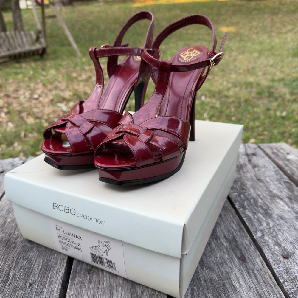 BCBGeneration Luanax Bordeaux Red Patent‎ Platform T-Strap Stiletto Heels 8M